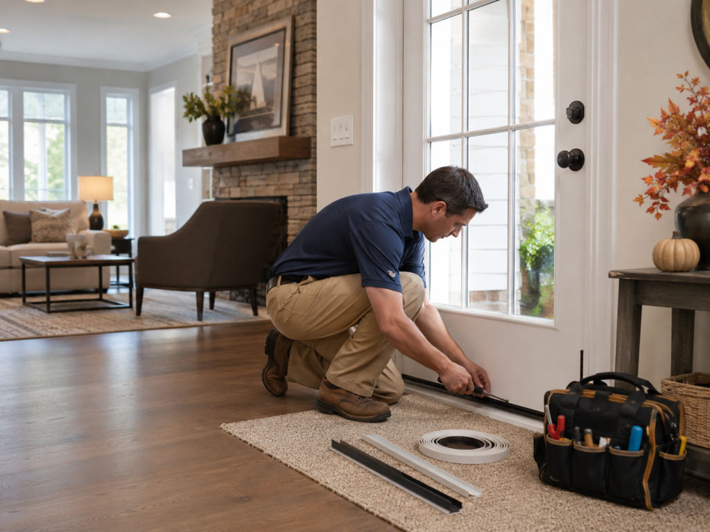 reliable Kansas City handyman checking seasonal maintenance near a home entryway