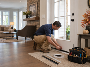 reliable Kansas City handyman checking seasonal maintenance near a home entryway