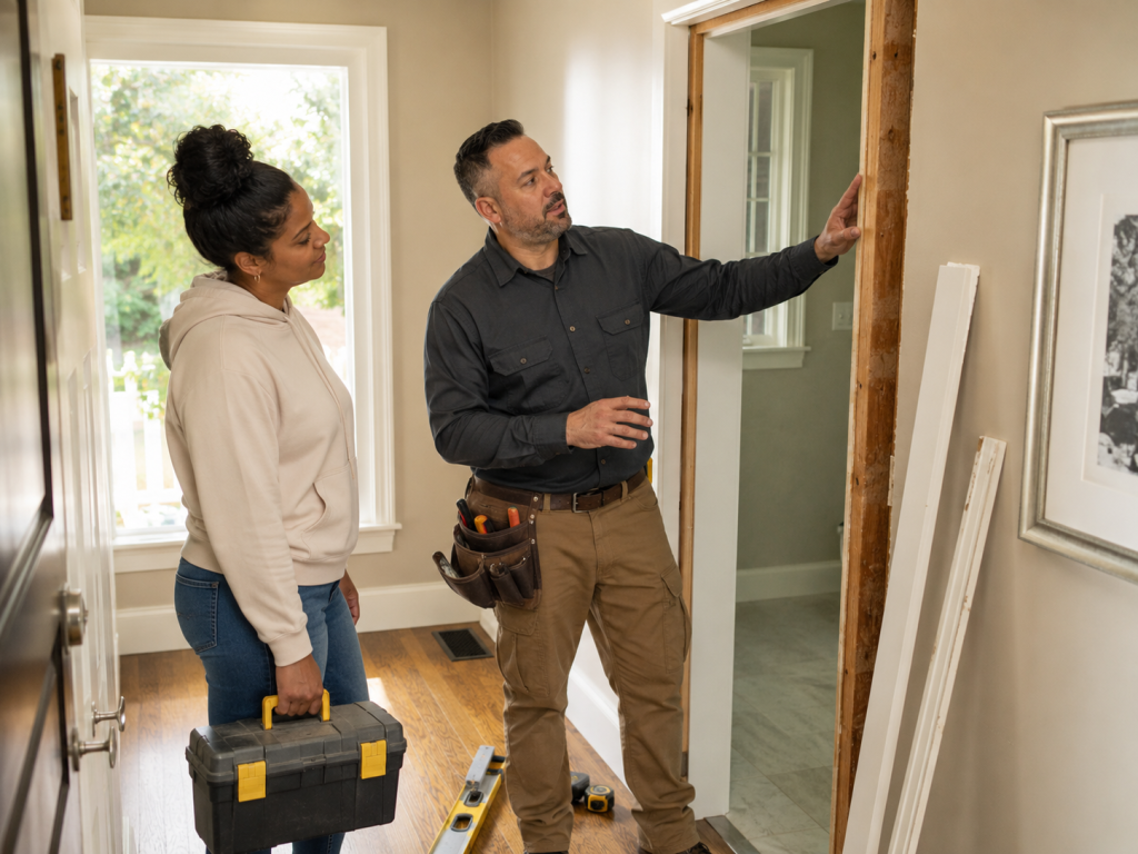 Experienced handyman inspecting a tricky home repair before a Kansas City homeowner attempts DIY work