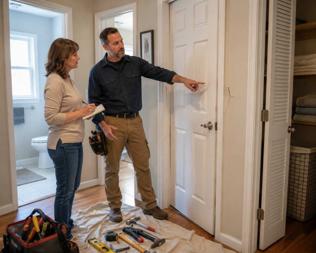 Reliable residential handyman reviewing a safe home repair plan with a Kansas City homeowner