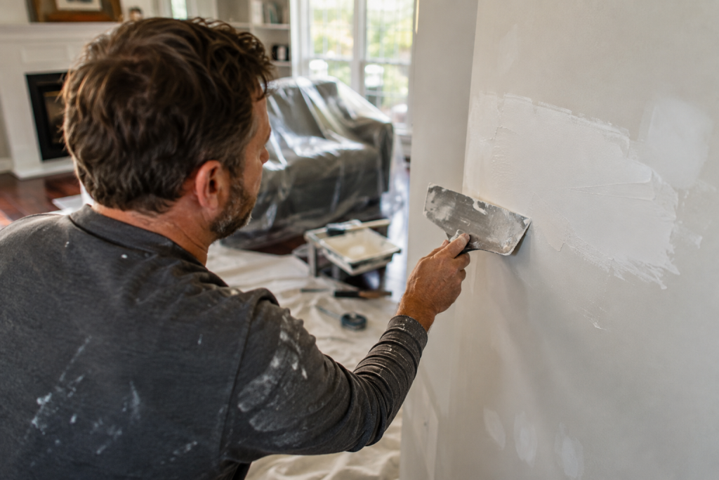 Professional handyman smoothing a repaired interior wall before painting in a Kansas City home